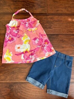 ⭐️⭐️ PICK 5 / $20 Girls Pink Floral & Cockatoo Halter Top with Denim Shorts